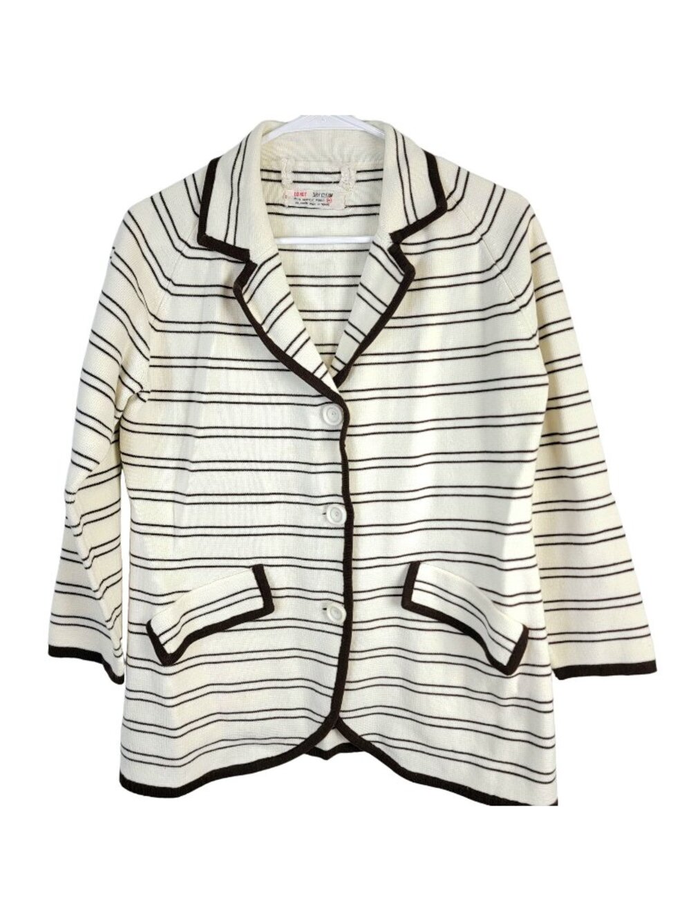 Vintage 70s Stripe Cardigan Sweater Women Medium Blazer Jacket Cream Brown Fall